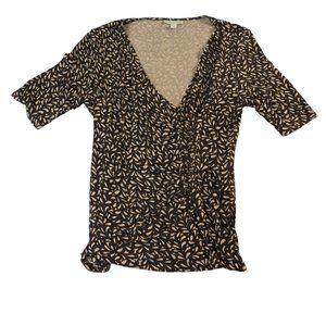 DANA BUCHMAN Top Women's Short Sleeve V-Neck Blouse Black Tan Large